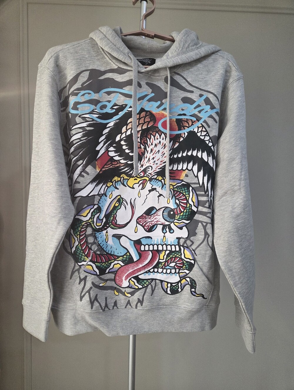 NWT Ed Hardy Light Gray Hoodie with Colorful Skull & Snake Graphic Sz.L0